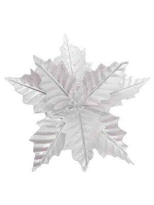 Новогоднее ёлочное украшение Белый блестящий цветок из полиэстера, на клипсе из черного металла / 20x26x26см