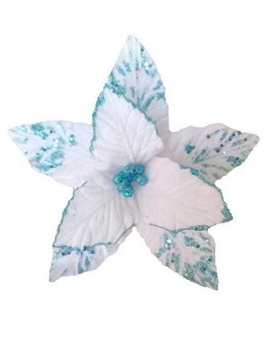 Новогоднее ёлочное украшение Белый с голубым цветок из полиэстера, на клипсе из черного металла / 20x27x27см