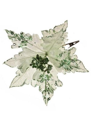 Новогоднее ёлочное украшение Зеленый цветок из полиэстера, на клипсе из черного металла / 25x25x15см