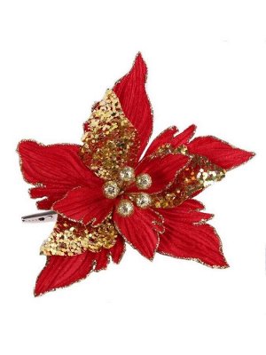 Новогоднее ёлочное украшение Цветок красный с золотом из полиэстера, на клипсе из черного металла / 20х20х18см