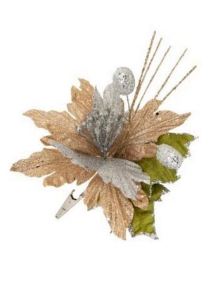 Новогоднее ёлочное украшение Золото-серебро цветок с листиками из полиэстера, на клипсе из черного металла / 15x15x24см