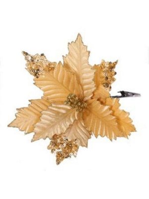 Новогоднее ёлочное украшение Бежево-золотой цветок из полиэстера с креплением на клипсе из черного металла / 25х25х21,5см
