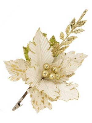 Новогоднее ёлочное украшение Белый с веточкой цветок из полиэстера с креплением на клипсе из черного металла / 28x28x18см