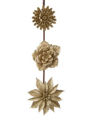 Новогоднее ёлочное украшение Золотистые цветочки из полипропилена, на клипсе из черного металла, набор из 3 шт. / 27x9x5см
