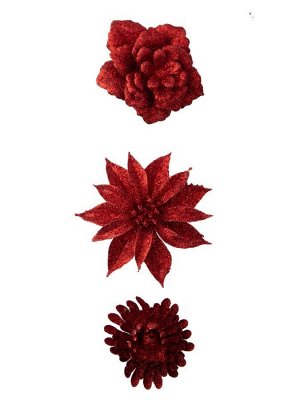 Новогоднее ёлочное украшение Красные цветочки из полипропилена, на клипсе из черного металла, набор из 3 шт. / 27x9x5см