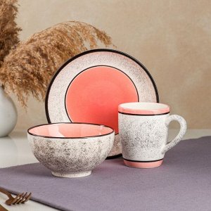 Набор посуды "Алладин", керамика, розовый, 3 предмета: салатник 700 мл, тарелка 20 см, кружка 350 мл, 1 сорт, Иран