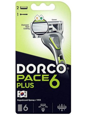DORCO Бритвенная система (станок + 2 кассеты)  6 лезвий + 1 лезвие-триммер PACE 6 PLUS  NEW