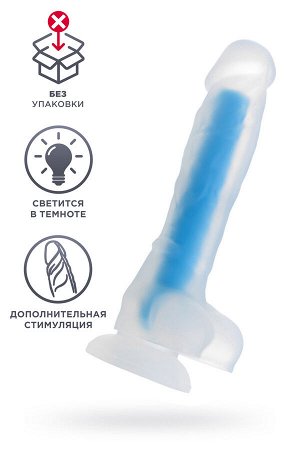 Фаллоимитатор светящийся в темноте, силикон, синий, 18 см (в пакете)