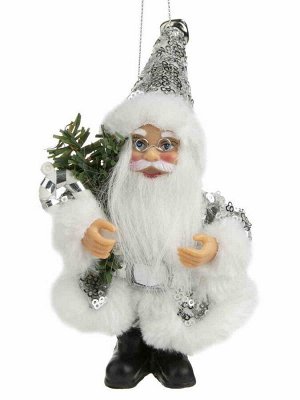 Новогодняя подвесная фигурка Дед Мороз в серебристой шубке из пластика и ткани / 9x5x13см