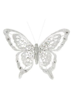 Новогоднее ёлочное украшение Бабочка в серебре из полиэстера, на клипсе из черного металла / 18,5x14x1см