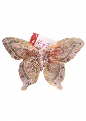 Новогоднее ёлочное украшение Бабочка в розовом из полиэстера, на клипсе из черного металла / 18,5x14x1см