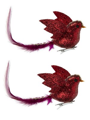 Новогоднее ёлочное украшение Птички красные из ПВХ, на клипсе из черного металла. Набор из 2х шт. / 5x18x5см