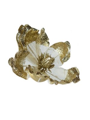 Новогоднее ёлочное украшение Цветок белый с золотом из полиэстера, на клипсе из черного металла / 22x22x14см