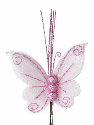 Новогоднее ёлочное украшение Бабочка Нежность в розовом из полиэстера, на клипсе из черного металла / 20x13x2см
