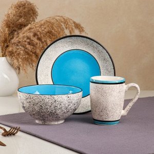 Набор посуды "Алладин", керамика, синий, 3 предмета: салатник 700 мл, тарелка 20 см, кружка 350 мл, 1 сорт, Иран