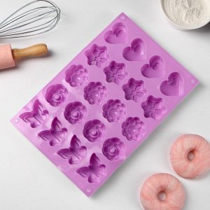 Форма для выпечки Доляна «Сердце, бабочка, цветок», силикон, 29,8*19,7 см, 20 ячеек (d=4,3 см), розовый