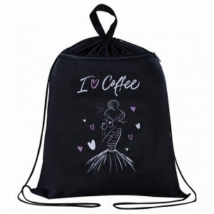 Мешок для обуви BRAUBERG, с петлёй, карман на молнии, полиэстер, 47х37 см, &quot;I love coffee&quot;, 270908