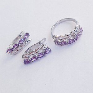 Комплект коллекция "Дубай", покрытие посеребрение с камнем, цвет фиолетовый, серьги, кольцо р-р 18, Е8184 , арт.747.924