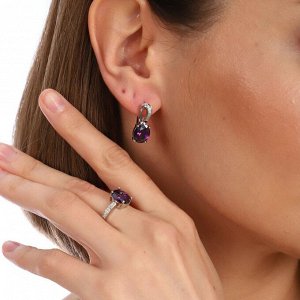 Комплект коллекция "Дубай", покрытие посеребрение с камнем, цвет фиолетовый, серьги, кольцо р-р 17, Е8185, арт.747.784
