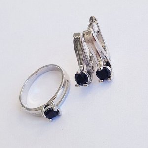 Комплект коллекция "Дубай", покрытие посеребрение с камнем, цвет черный, серьги, кольцо р-р 17, Е4163, арт.747.926
