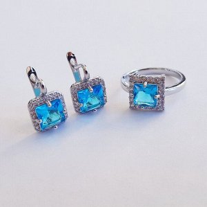 Комплект коллекция "Дубай", покрытие посеребрение с камнем, цвет голубой, серьги, кольцо р-р 18, Е3247, арт.747.896