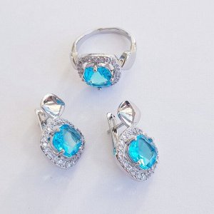 Комплект коллекция "Дубай", покрытие посеребрение с камнем, цвет голубой, серьги, кольцо р-р 18,  Е7223, арт.747.911