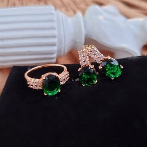 Комплект коллекция "Дубай", покрытие позолота с камнем, цвет зеленый, серьги, кольцо р-р 18, А101870, арт.747.495