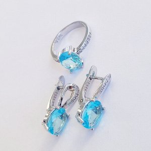 Комплект коллекция "Дубай", покрытие посеребрение с камнем, цвет голубой серьги, кольцо р-р 18,  Е8185, арт.747.934