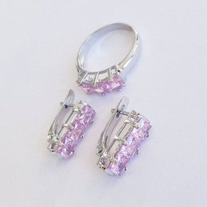 Комплект коллекция "Дубай", покрытие посеребрение с камнем, цвет розовый, серьги, кольцо р-р 18, Е6164, арт.747.903