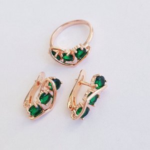 Комплект коллекция "Дубай", покрытие позолота с камнем, цвет зеленый серьги, кольцо р-р 19, Е6166, арт.747.938