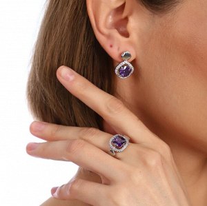 Комплект коллекция "Дубай", покрытие посеребрение с камнем, цвет фиолетовый, серьги, кольцо р-р 18, Е7223, арт.747.802