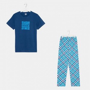 Комплект (футболка/брюки) мужской, цвет синий/клетка