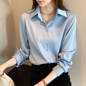 Женская однотонная блуза с длинным рукавом, цвет голубой