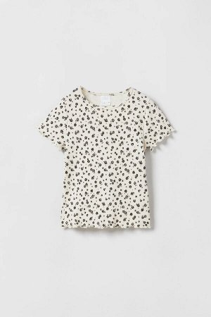 ZARA RIBBED AND SCALLOPED ФУТБОЛКА WITH FLORAL PRINT