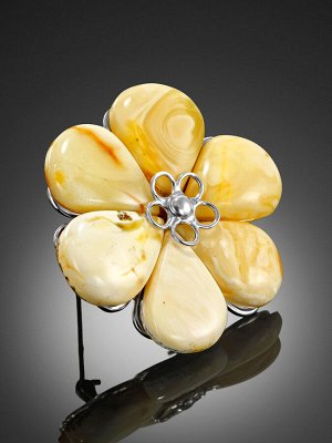 Брошь-цветок «Шиповник» из серебра и натурального пейзажного янтаря