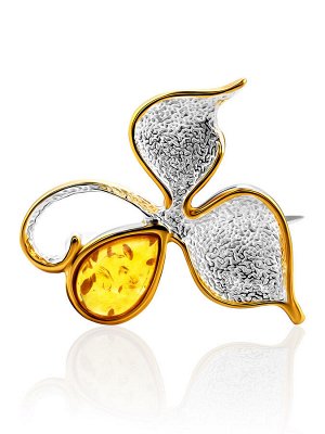 Нежная красивая брошь из серебра с натуральным золотистым янтарём «Орхидея»