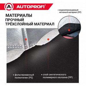Чехол всесезонный защитный AUTOPROFI на лобовое стекло автомобиля, 187х128 см, прочный трёхслойный материал: фольгированный полиэтилен (PE), слой синтетического полимерного волокна (PP), водонепроница