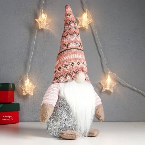 Кукла интерьерная свет "Дед Мороз светящийся нос, в розовом колпаке с узорами" 33х17х12 см