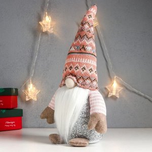 Кукла интерьерная свет "Дед Мороз светящийся нос, в розовом колпаке с узорами" 33х17х12 см