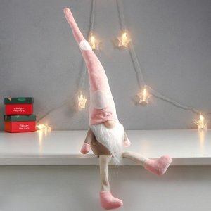 Кукла интерьерная "Дед Мороз в розовом колпаке с кружочками" длинные ножки 56х13х9 см