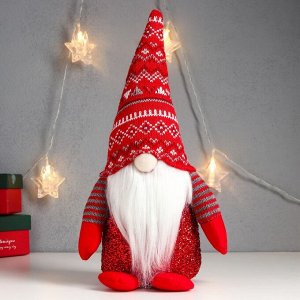 Кукла интерьерная свет "Дед Мороз светящийся нос, в красном колпаке с узорами" 33х17х12 см