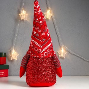 Кукла интерьерная свет "Дед Мороз светящийся нос, в красном колпаке с узорами" 33х17х12 см