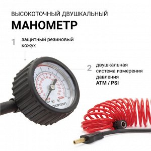 Компрессор воздушный AUTOPROFI, 65 л./мин., 12V/30A, 300W, 10 Атм.,  двухпоршневой, шланг 8 м., питание от АКБ, набор из 4-х переходников для надувн. изделий, сумка