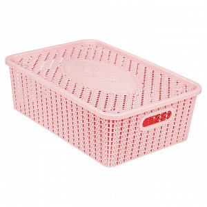 "Домашняя мода" Корзина-ящик пластмассовая для хранения "Вязанка-Розы" 35,5х24см h11см, с крышкой, с ручками розовый (Китай)