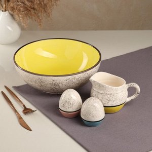 Набор посуды "Султан", керамика, желтый, синий, розовый, 4 предмета: салатница 2.7 л, соусник 300 мл, солонка 100 мл, Иран