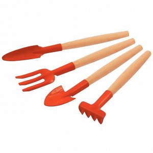 Набор садовых инструментов, 4 предмета: совок, вилка, лопатка, грабли, длина 23 см, деревянные ручки