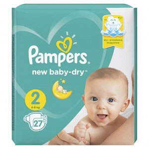 Памперс Подгузники  New Baby-Dry для новорожденных 4-8 кг, 2 размер, 27 шт,  Pampers