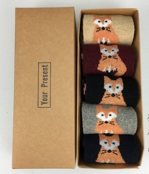 Набор женских теплых носков в коробке (5 шт), принт "Лисички"