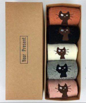 Набор женских теплых носков в коробке (5 шт), принт "Коты"