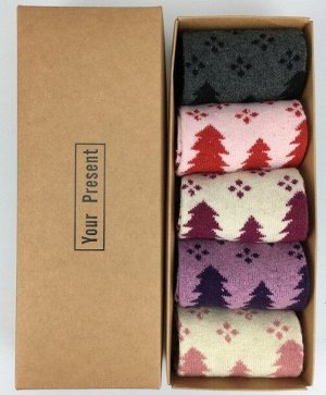 Набор женских теплых носков в коробке (5 шт), принт "Елки"